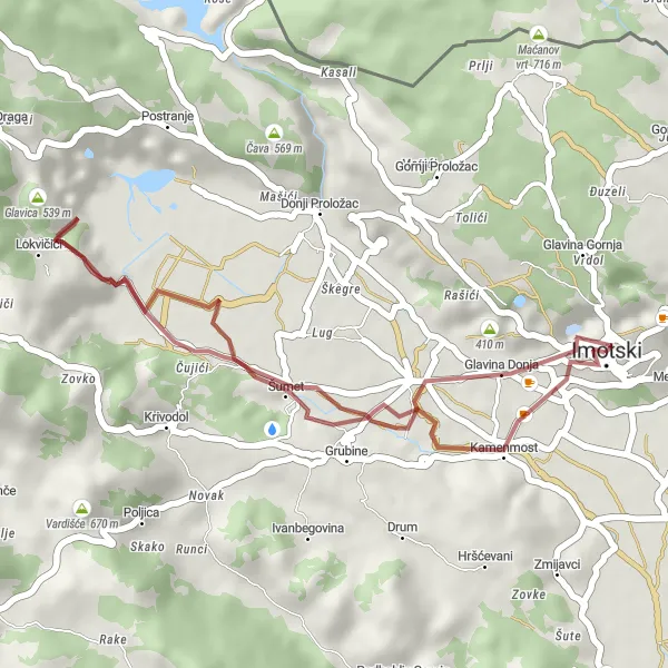 Map miniature of "Imotski Gravel Loop" cycling inspiration in Jadranska Hrvatska, Croatia. Generated by Tarmacs.app cycling route planner