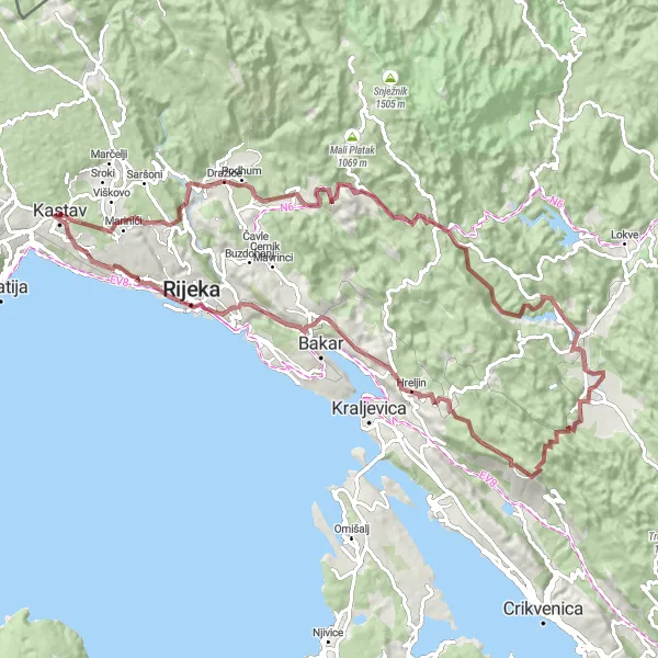 Map miniature of "Gravel Mountain Escape" cycling inspiration in Jadranska Hrvatska, Croatia. Generated by Tarmacs.app cycling route planner