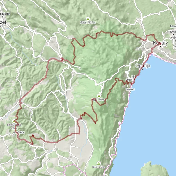 Map miniature of "Legendary Gravel Climbs" cycling inspiration in Jadranska Hrvatska, Croatia. Generated by Tarmacs.app cycling route planner