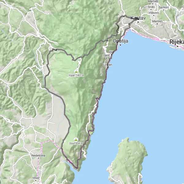 Map miniature of "Enchanting Coastal Ride" cycling inspiration in Jadranska Hrvatska, Croatia. Generated by Tarmacs.app cycling route planner