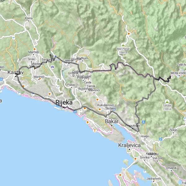 Map miniature of "Adrenaline Road Trip" cycling inspiration in Jadranska Hrvatska, Croatia. Generated by Tarmacs.app cycling route planner