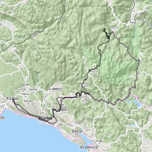 Map miniature of "Mountains and Villages" cycling inspiration in Jadranska Hrvatska, Croatia. Generated by Tarmacs.app cycling route planner