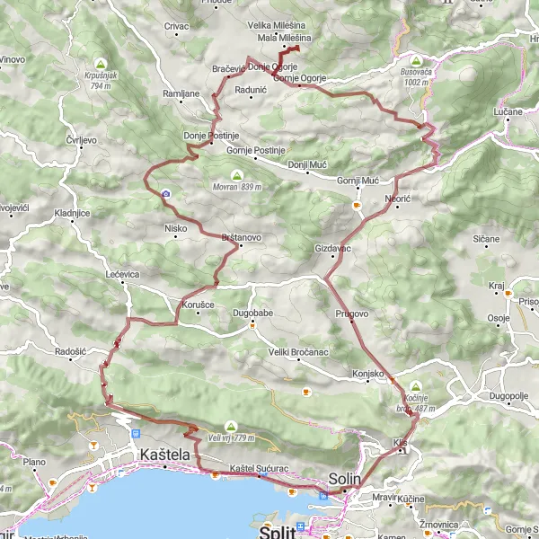 Map miniature of "Kaštel Gomilica - Kaštel Sućurac Gravel Adventure" cycling inspiration in Jadranska Hrvatska, Croatia. Generated by Tarmacs.app cycling route planner