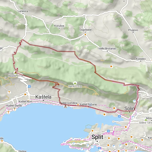 Map miniature of "Kaštel Gomilica - Kaštel Sućurac Gravel Loop" cycling inspiration in Jadranska Hrvatska, Croatia. Generated by Tarmacs.app cycling route planner