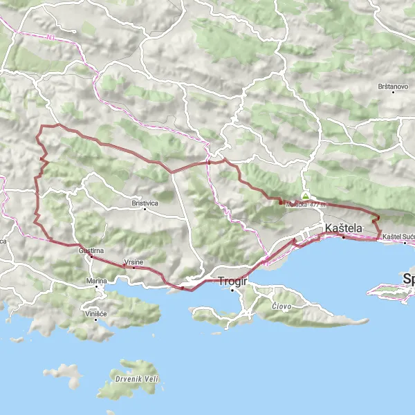 Map miniature of "Gravel Adventure through Kaštel" cycling inspiration in Jadranska Hrvatska, Croatia. Generated by Tarmacs.app cycling route planner