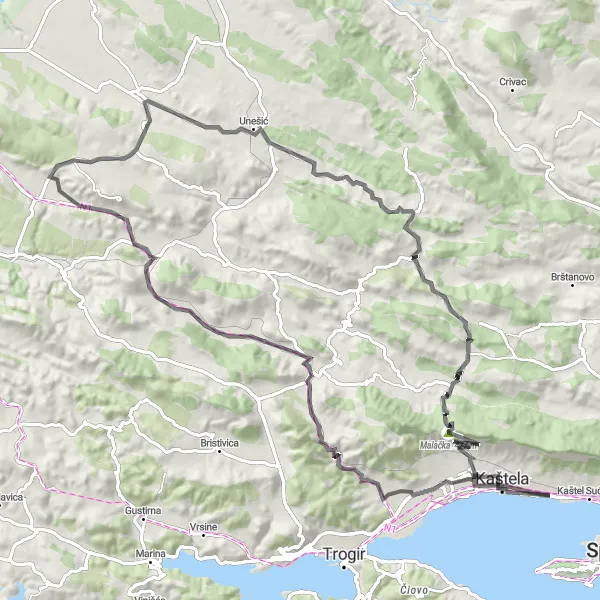 Map miniature of "Kaštel Gomilica - Kaštilac - Malačka - Kapina Road Loop" cycling inspiration in Jadranska Hrvatska, Croatia. Generated by Tarmacs.app cycling route planner