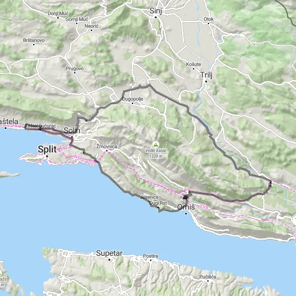 Map miniature of "Kaštel Gomilica - Kaštel Sućurac Road Loop" cycling inspiration in Jadranska Hrvatska, Croatia. Generated by Tarmacs.app cycling route planner