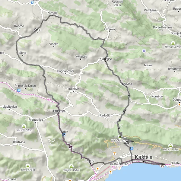 Map miniature of "Coastal Road Loop" cycling inspiration in Jadranska Hrvatska, Croatia. Generated by Tarmacs.app cycling route planner
