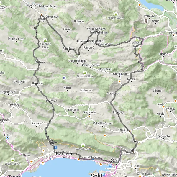 Map miniature of "Kaštel Gomilica - Kaštel Sućurac Ultimate Road Challenge" cycling inspiration in Jadranska Hrvatska, Croatia. Generated by Tarmacs.app cycling route planner
