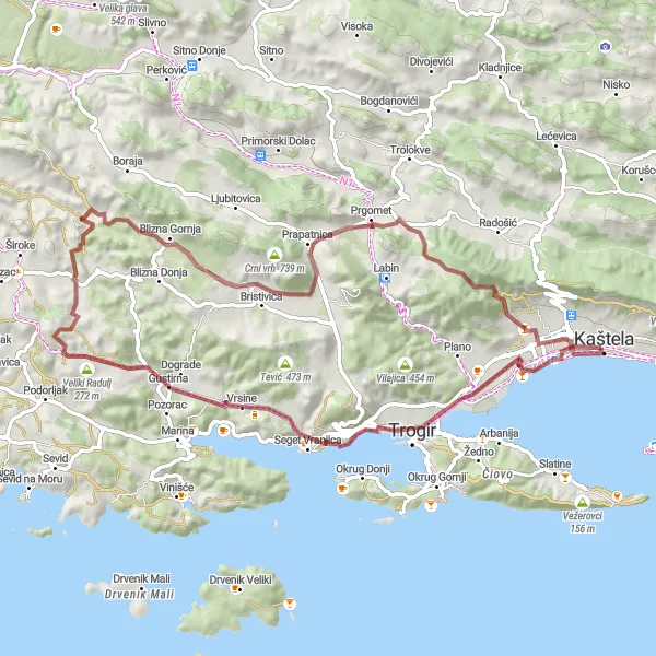 Map miniature of "Gravel Adventure Loop - Kaštel Lukšić" cycling inspiration in Jadranska Hrvatska, Croatia. Generated by Tarmacs.app cycling route planner