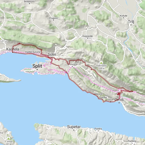 Map miniature of "Gravel Adventure near Kaštel Lukšić" cycling inspiration in Jadranska Hrvatska, Croatia. Generated by Tarmacs.app cycling route planner