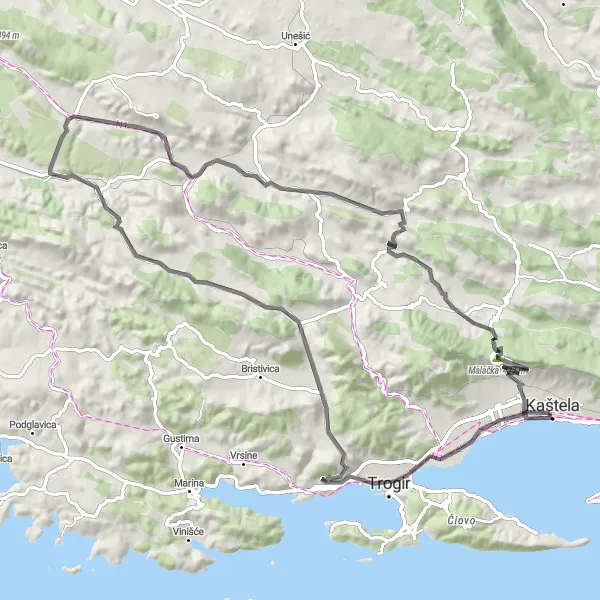 Map miniature of "Rural Delights - Kaštel Lukšić" cycling inspiration in Jadranska Hrvatska, Croatia. Generated by Tarmacs.app cycling route planner
