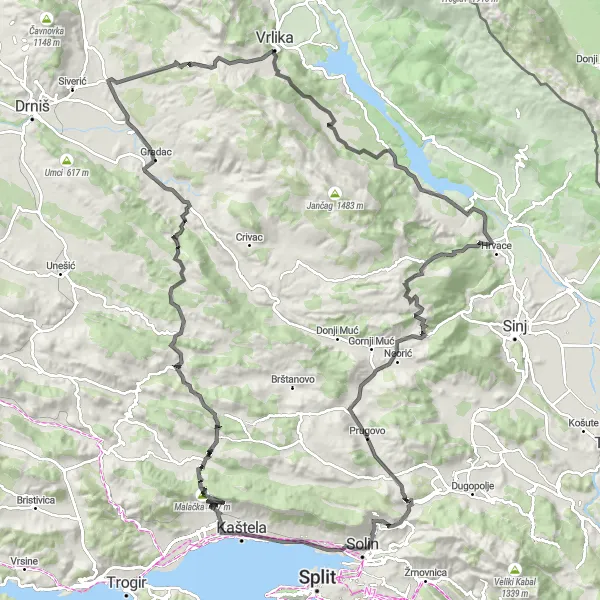Map miniature of "Ultimate Road Cycling Challenge near Kaštel Lukšić" cycling inspiration in Jadranska Hrvatska, Croatia. Generated by Tarmacs.app cycling route planner