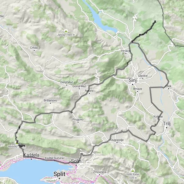 Map miniature of "Road Cycling Escape near Kaštel Lukšić" cycling inspiration in Jadranska Hrvatska, Croatia. Generated by Tarmacs.app cycling route planner
