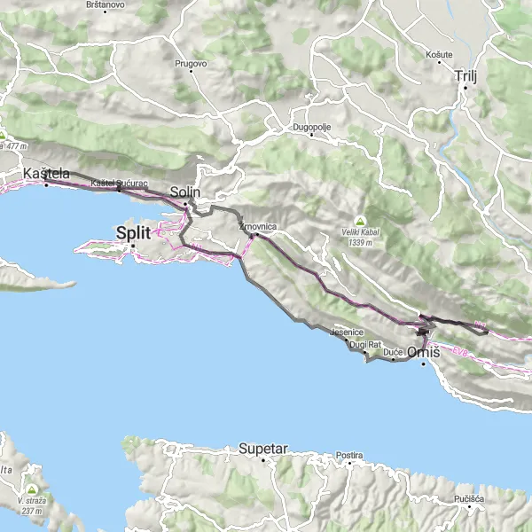 Map miniature of "Coastal Escape - Kaštel Lukšić" cycling inspiration in Jadranska Hrvatska, Croatia. Generated by Tarmacs.app cycling route planner