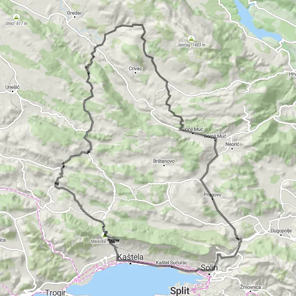 Map miniature of "Road Cycling Adventure from Kaštel Lukšić" cycling inspiration in Jadranska Hrvatska, Croatia. Generated by Tarmacs.app cycling route planner