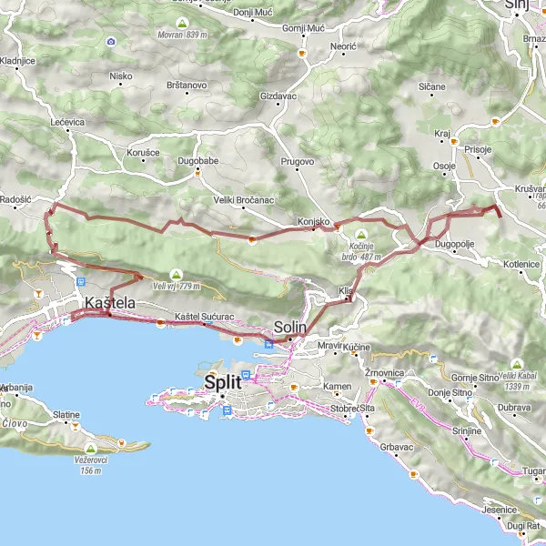 Map miniature of "Spectacular Gravel Adventure: Conquering Hills near Kaštel Novi" cycling inspiration in Jadranska Hrvatska, Croatia. Generated by Tarmacs.app cycling route planner