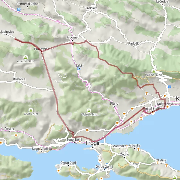 Map miniature of "Gravel Cycling Adventure: Exploring Kaštel Novi and Surrounding Landscapes" cycling inspiration in Jadranska Hrvatska, Croatia. Generated by Tarmacs.app cycling route planner