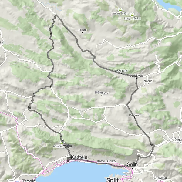 Map miniature of "Kaštel Novi Explorer" cycling inspiration in Jadranska Hrvatska, Croatia. Generated by Tarmacs.app cycling route planner
