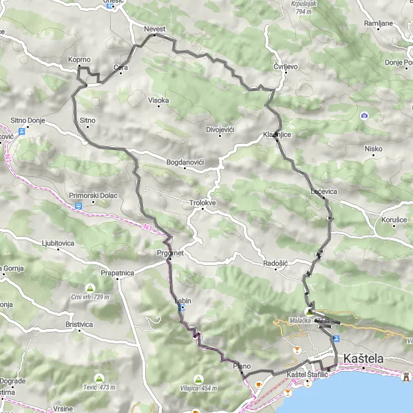 Map miniature of "Road Cycling Route from Kaštel Novi: Coastal Charm and Mountain Adventure" cycling inspiration in Jadranska Hrvatska, Croatia. Generated by Tarmacs.app cycling route planner
