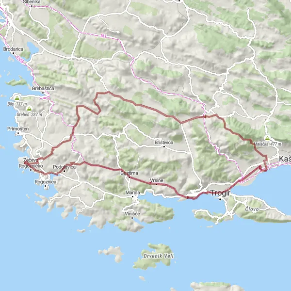 Map miniature of "Gravel Adventures of Seget Donji" cycling inspiration in Jadranska Hrvatska, Croatia. Generated by Tarmacs.app cycling route planner