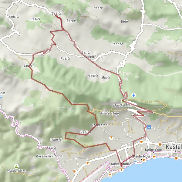 Map miniature of "Radošić Loop" cycling inspiration in Jadranska Hrvatska, Croatia. Generated by Tarmacs.app cycling route planner