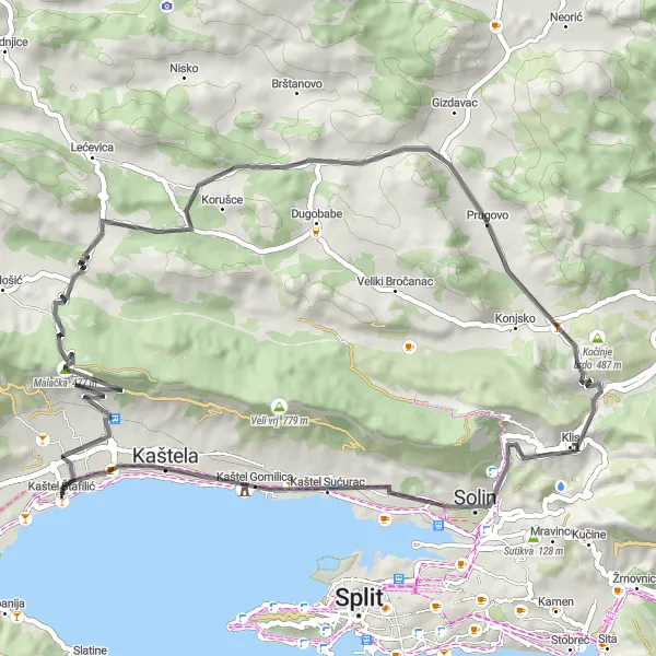 Map miniature of "The Hillside Wonder of Kaštel Štafilić" cycling inspiration in Jadranska Hrvatska, Croatia. Generated by Tarmacs.app cycling route planner