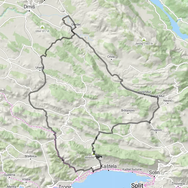 Map miniature of "Coastline Wonders of Kaštel Štafilić" cycling inspiration in Jadranska Hrvatska, Croatia. Generated by Tarmacs.app cycling route planner
