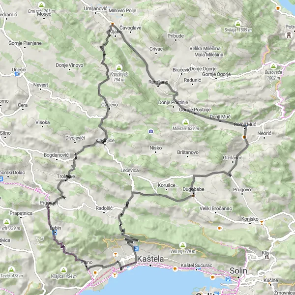 Map miniature of "Kaštel Štafilić Coastal Delight" cycling inspiration in Jadranska Hrvatska, Croatia. Generated by Tarmacs.app cycling route planner