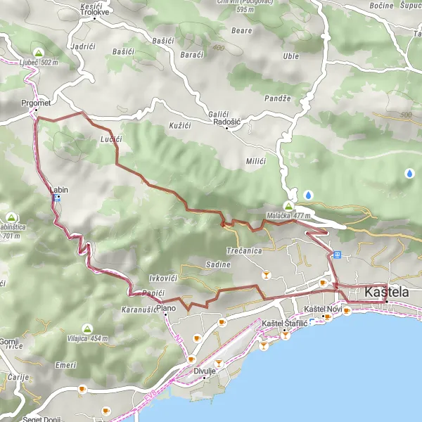 Map miniature of "Kaštel Lukšić Gravel Adventure" cycling inspiration in Jadranska Hrvatska, Croatia. Generated by Tarmacs.app cycling route planner