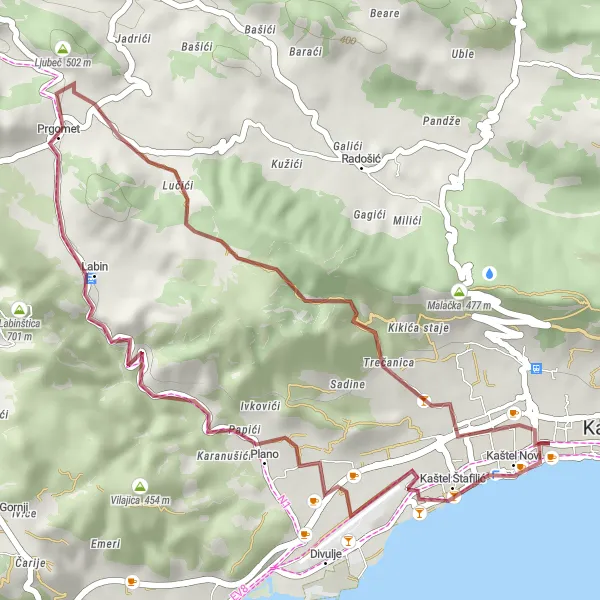 Map miniature of "Kaštel Stari Gravel Adventure" cycling inspiration in Jadranska Hrvatska, Croatia. Generated by Tarmacs.app cycling route planner