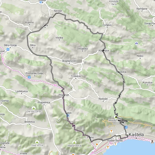 Map miniature of "Kaštel Stari - Kita - Brdašce - Brušnjak - Kapina - Pod Malačka - Malačka - Radun Round Trip" cycling inspiration in Jadranska Hrvatska, Croatia. Generated by Tarmacs.app cycling route planner
