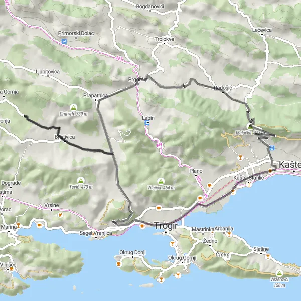 Map miniature of "Seaside Delights" cycling inspiration in Jadranska Hrvatska, Croatia. Generated by Tarmacs.app cycling route planner