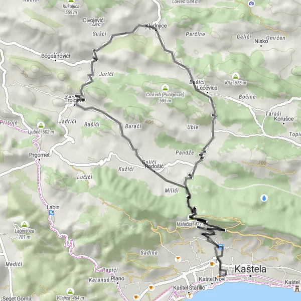 Map miniature of "Countryside Loop" cycling inspiration in Jadranska Hrvatska, Croatia. Generated by Tarmacs.app cycling route planner