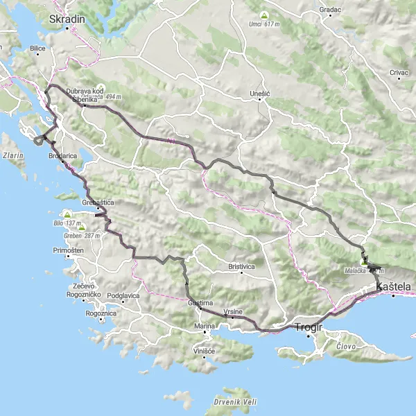Map miniature of "Coastal Delights and Scenic Hills" cycling inspiration in Jadranska Hrvatska, Croatia. Generated by Tarmacs.app cycling route planner