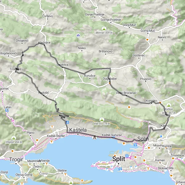 Map miniature of "Coastal Delights: Road Cycling from Kaštel Sućurac" cycling inspiration in Jadranska Hrvatska, Croatia. Generated by Tarmacs.app cycling route planner