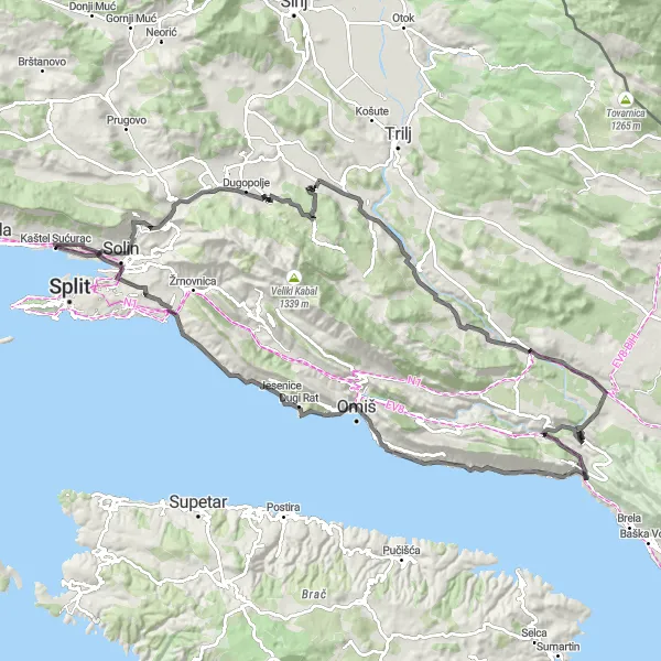 Map miniature of "The Kozjak Challenge" cycling inspiration in Jadranska Hrvatska, Croatia. Generated by Tarmacs.app cycling route planner