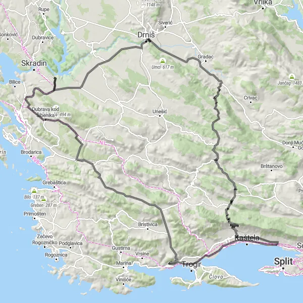 Map miniature of "The Coastal Challenge" cycling inspiration in Jadranska Hrvatska, Croatia. Generated by Tarmacs.app cycling route planner
