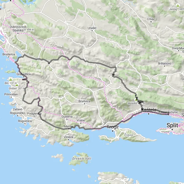 Map miniature of "Exploring the Countryside" cycling inspiration in Jadranska Hrvatska, Croatia. Generated by Tarmacs.app cycling route planner