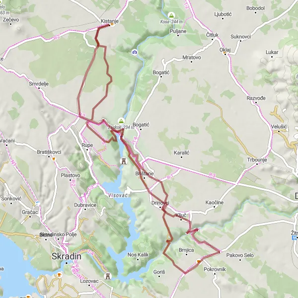 Map miniature of "Gravel Adventure from Kistanje to Zaskok and Canyon" cycling inspiration in Jadranska Hrvatska, Croatia. Generated by Tarmacs.app cycling route planner