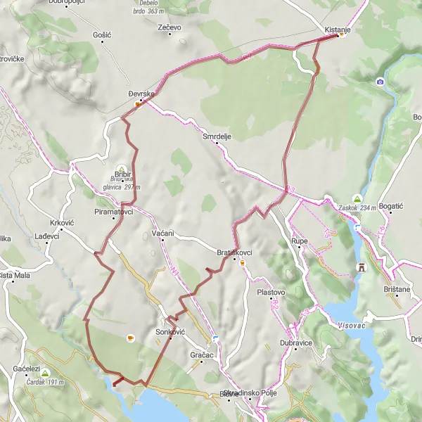 Map miniature of "The Kistanje Discovery" cycling inspiration in Jadranska Hrvatska, Croatia. Generated by Tarmacs.app cycling route planner