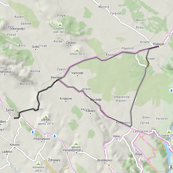 Map miniature of "Cycling Loop from Kistanje through Ćoraška glavica and Veliki Plančinik" cycling inspiration in Jadranska Hrvatska, Croatia. Generated by Tarmacs.app cycling route planner