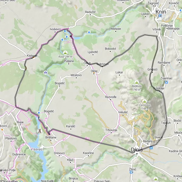Map miniature of "The Drniš Loop" cycling inspiration in Jadranska Hrvatska, Croatia. Generated by Tarmacs.app cycling route planner