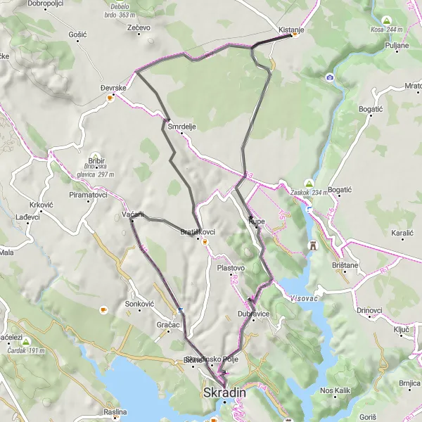 Map miniature of "Cultural Road Cycling Tour through Skradinsko Polje and Mikulićki umac" cycling inspiration in Jadranska Hrvatska, Croatia. Generated by Tarmacs.app cycling route planner