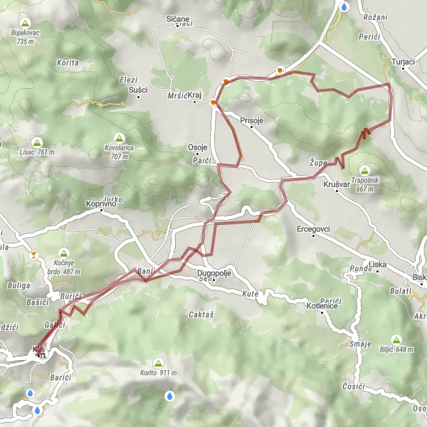 Map miniature of "Coastal Gravel Escape: Klis to Građenica" cycling inspiration in Jadranska Hrvatska, Croatia. Generated by Tarmacs.app cycling route planner