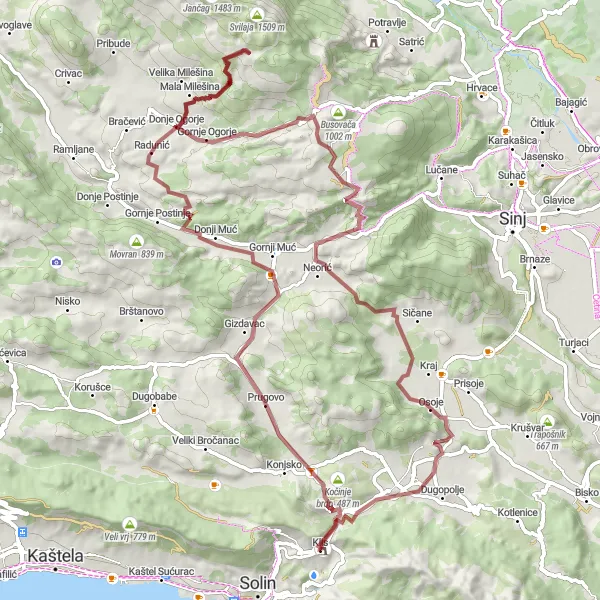 Map miniature of "Klis Gravel Adventure" cycling inspiration in Jadranska Hrvatska, Croatia. Generated by Tarmacs.app cycling route planner