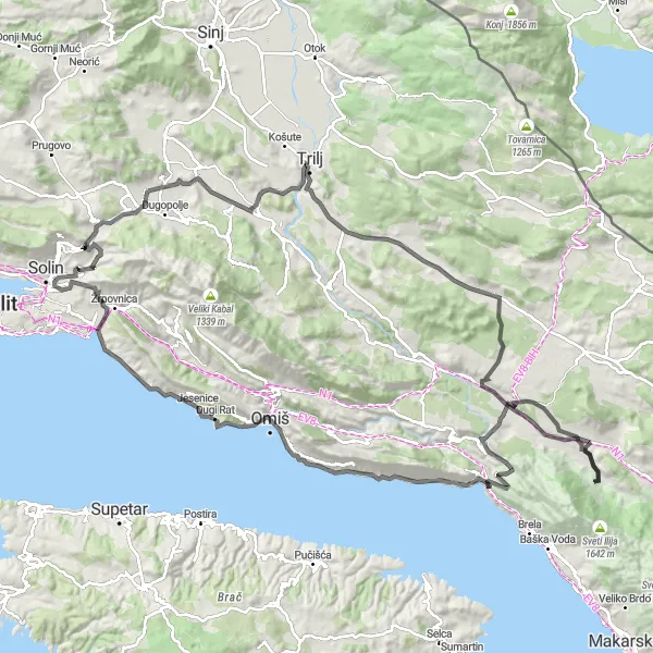 Map miniature of "Coastal Road Challenge" cycling inspiration in Jadranska Hrvatska, Croatia. Generated by Tarmacs.app cycling route planner