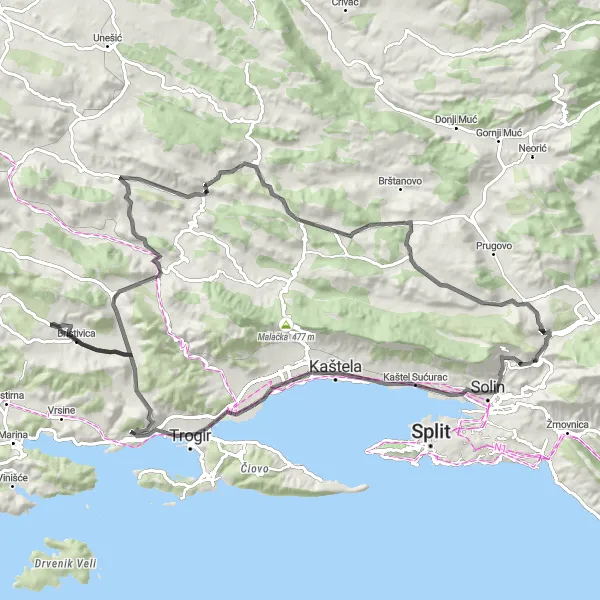 Map miniature of "Mountainous Beauty" cycling inspiration in Jadranska Hrvatska, Croatia. Generated by Tarmacs.app cycling route planner