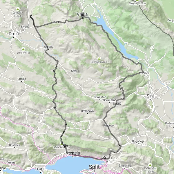 Map miniature of "Road Cycling Expedition: Klis and Beyond" cycling inspiration in Jadranska Hrvatska, Croatia. Generated by Tarmacs.app cycling route planner