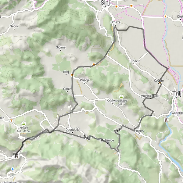 Map miniature of "Cultural Cycling Tour: Klis to Svilušnik" cycling inspiration in Jadranska Hrvatska, Croatia. Generated by Tarmacs.app cycling route planner